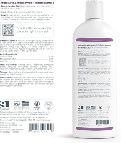 Veterinary Formula Clinical Care Antiparasitic & Antiseborrheic Medicated Dog Shampoo, 16 oz – Paraben, Dye, Soap Free – Hydrating and Antifungal Shampoo for Dogs, White