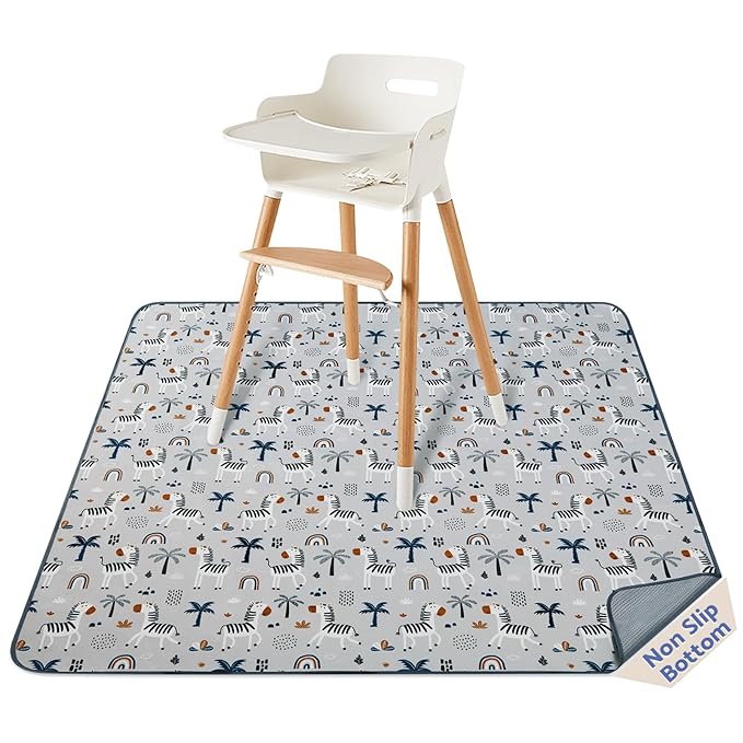 Blissful Diary Baby Splat Mat for Under High Chair, 50.4 x 50.4 Inch Wipeable Splash Mat, Waterproof and Washable, Anti-Slip Floor Protector, Gray Zebra