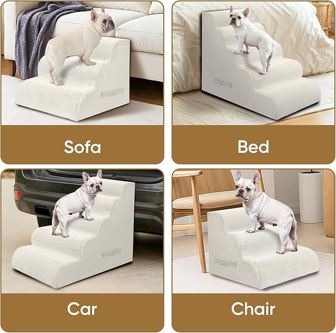 PAWSCART Pet Stairs for Dogs 3-Step, 15.7" H Pet Stairs for High Bed, Couch Sofa & Chair, 30D Material Soft Foam Dog Steps with Non-Slip Bottom Surface Removable Washable Cover, Beige