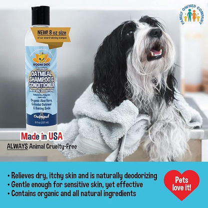 Bodhi Dog Oatmeal Shampoo & Conditioner - Hypoallergenic Formula - Naturally Deodorize Dogs, Cats & Pets - Made w/Organic Ingredients - Moisturizes Dry & Itchy Skin - Made in USA (Oatmeal, 8 Fl Oz)