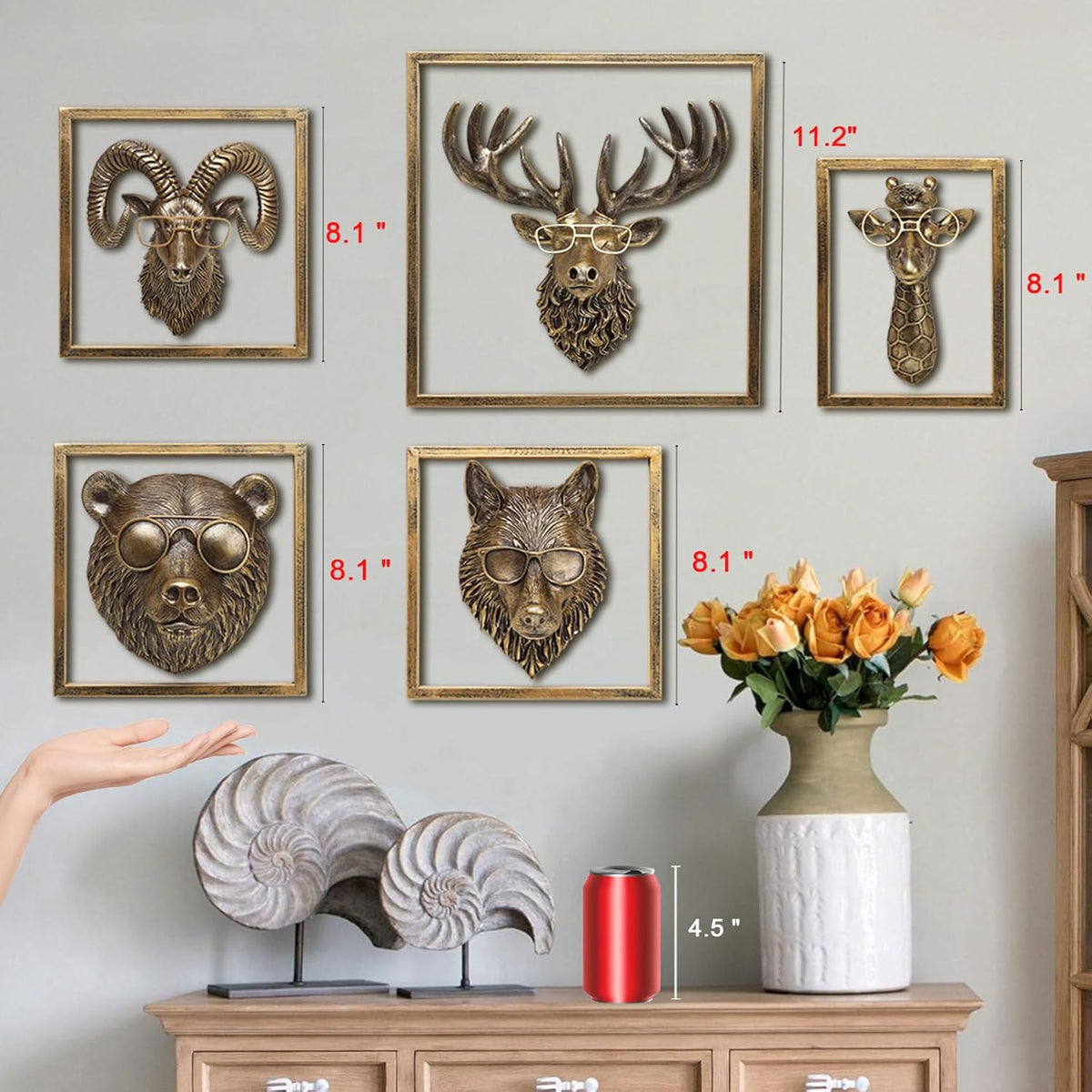 JJALIGHTS Animal Heads Wall Decor (Includes Metal Frame) Resin Animals Sculptures Head Wall Hanging Decoration Imitation Copper vintage Wall Sculpture for Living Room Bedroom Office (Wolf)