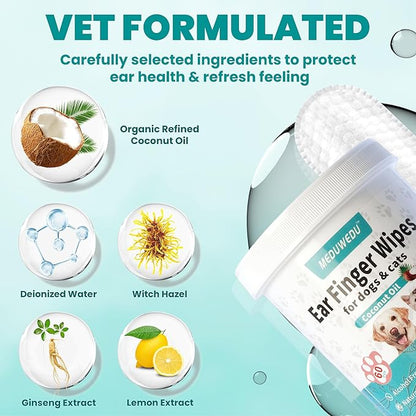 Ear Cleaner Finger Wipes 60 Counts, Dog Ear Cleaner,Soft & Easy Otic Cleaning Pads, Remove Wax, Dirt & Stop Smelly, Itchy, Non-Irritating, Grapefruit Scent