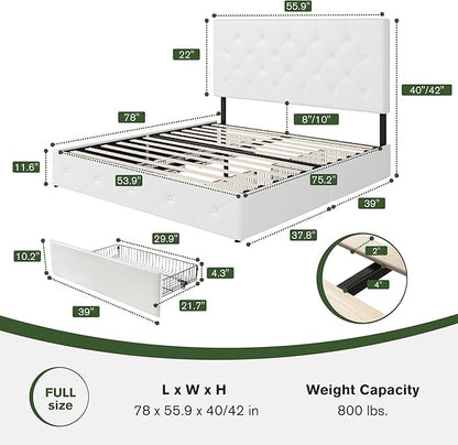 MUTICOR Full Size Bed Frame with 4 Storage Drawers, Upholstered Platform Bed with Button Tufted Adjustable Headboard, No Box Spring Needed, Easy Assembly, Diamond Tufted, White Leather