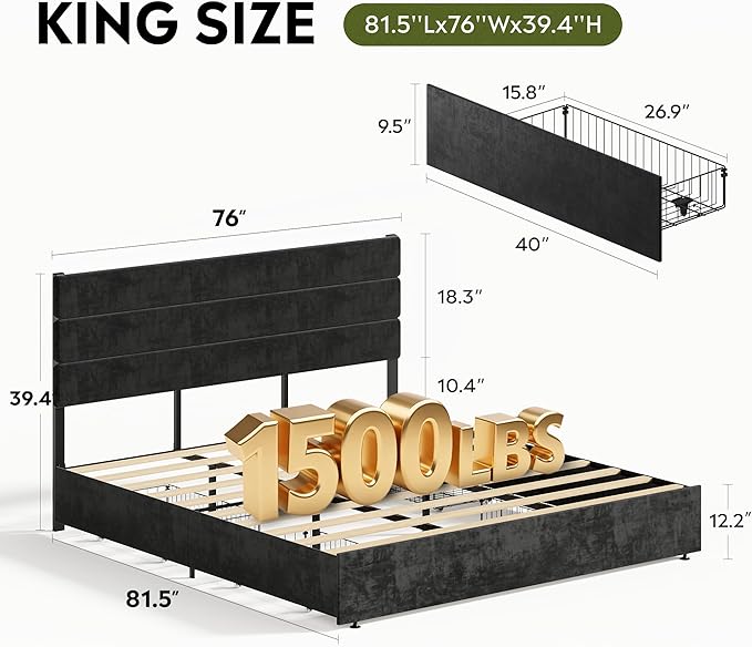 WLIVE King Size Upholstered Bed Frame with 4 Drawers and Velvet Square Tufted Headboard, Sturdy Metal & Wooden Slats Support, No Box Spring Needed, Easy Assembly, Black