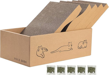 Poils bebe 5 PCS Cat Scratcher with Box, Reversible Cat Scratchers for Indoor Cats, Cardboard Cat Scratcher with Catnip, 2 Curved and 3 Flat Boards for Scratching Bed