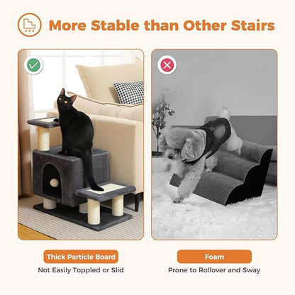 3-in-1 Dog Stairs & Cat Scratching Post with Condo, Pet Steps for High Bed, Sofa, Couch, Tall Cat Tower, High-Strength Board for Indoor Small Cats Kittens Dogs Climbing Playing, 3 Steps-Dark Grey