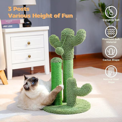 PAWZ Road Cat Scratching Post Cactus Cat Scratcher Featuring with 3 Scratching Posts and Dangling Ball-Medium 23 Inches