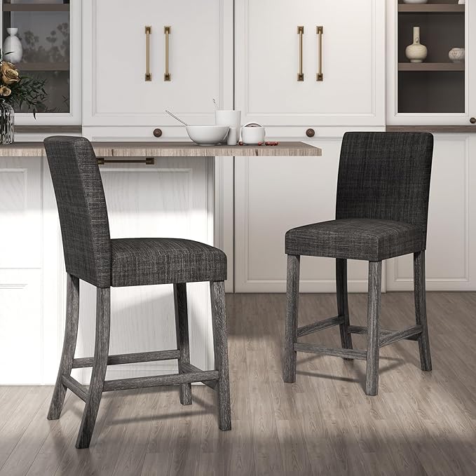 COSTWAY Upholstered Counter Height Stools Set of 2, Bar Stools w/Ergonomic Backrest, Solid Wood Frame, 24.5” Fabric Counter Height Chairs for Kitchen Island, Dining Room, Pub (Grey)
