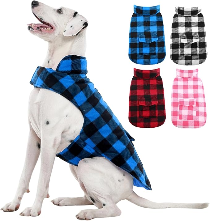 Kuoser Dog Winter Coat, Windproof Dog Fleece Jacket British Style Plaid Cold Weather Doggie Vest Coats, Reversible Cozy Warm Pet Clothes Apparel for Extra Large Size Dogs XXXL