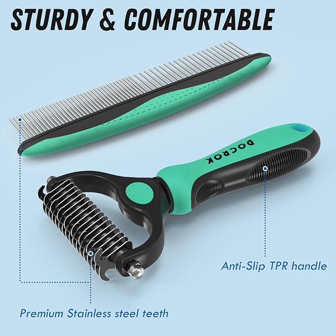 Pet Grooming Brush and Metal Comb Combo, Cat Brush Dog Brush for Shedding, Undercoat Rake for Dogs Grooming, Dematting Deshedding Brush Dogs Shedding Tool for Long matted Haired Pets, Green