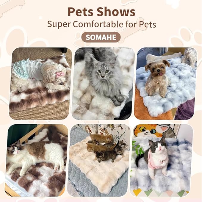 Cat Bed, Plush Faux Fur Kneading Flat Mat - Machine Washable Fluffy Pet Bed for Indoor Cats, Non-Slip Small Kitten Bed, Therapeutic Knead Cat Mat for Couch & Window Sill, 23"×15" Inch,Camel