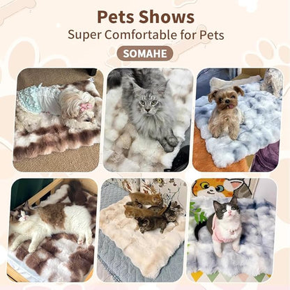 Cat Bed, Plush Faux Fur Kneading Flat Mat - Machine Washable Fluffy Pet Bed for Indoor Cats, Non-Slip Small Kitten Bed, Therapeutic Knead Cat Mat for Couch & Window Sill, 23"×15" Inch,Camel