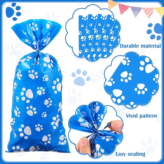 Blulu 100 Pieces Dog Treat Bags Puppy Party Favor Pet Paw Cone Cellophane Bags Candy Heat SealableDog Paw Gift with 100 Pieces Silver Twist Ties for Pet Cat Treat Party Favor(Blue and White)