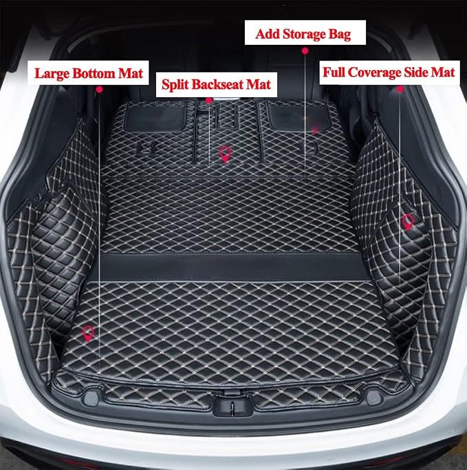 for BMW X7 X7 2+2+2 Seater Trunk Mat Cargo Cover Dog Liner Boot Liner Full Coverage Leather 3D Laser Measured (Trunk Mat+3rd Row Backrest Mat+Both Sides Panel) (Black with Black Stitching