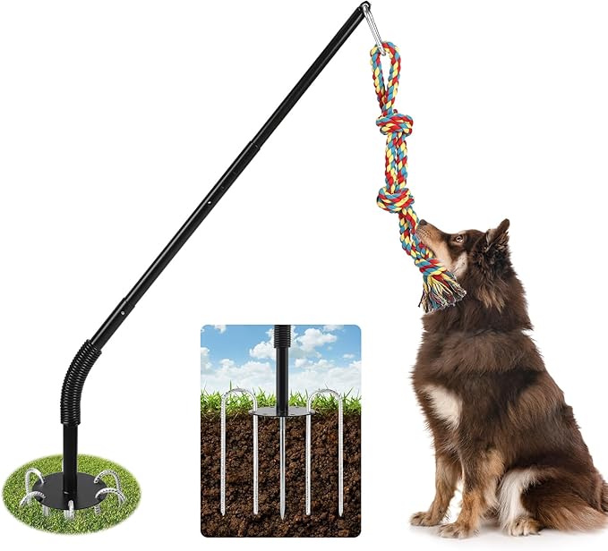 Tether Tug Outdoor Dog Toy with Chew Rope, Adjustable Height Sturdy Metal Tug of War Interactive Pull Pet Toys Exercise Game for Dog Self Play in Yard Park Playground