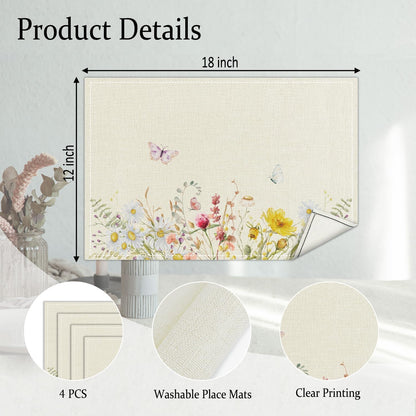 Wildflowers Placemats Set of 4, Floral Table Mat for Home Kitchen, Restaurants, Outdoor Linen Washable Place Mats 12x18 inch Party Event Dining Decoration-11