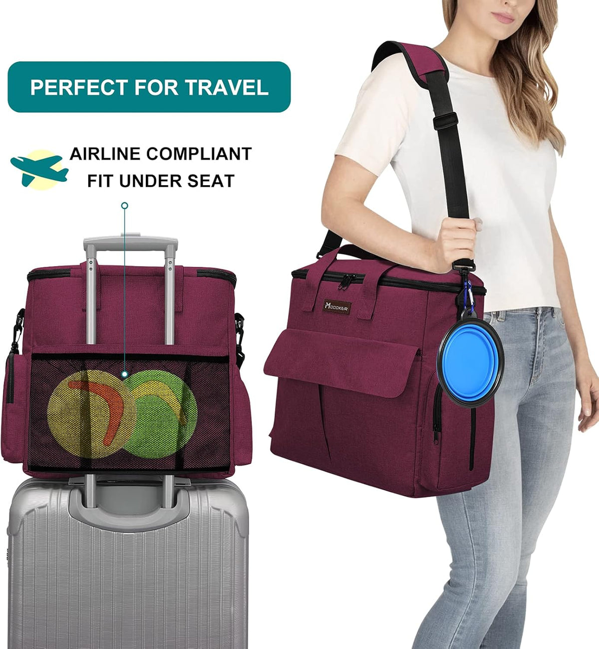 Airline Approved Pet Travel Bag, Weekend Travel Set for Dog and Cat, Airline Approved Tote Organizer with Multi-Function Pockets, 2 Dog Food Storage Containers, 2 Collapsible Bowls (Rose Red)