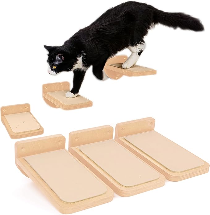 INICIO Cat Wall Stairs, Natural Wood - Set of 3 Wall Steps for Cats to Climb with Fixtures, 8.7"x4.7" - Floating Steps for Climbing or Playing - for Kittens and Adult Cats