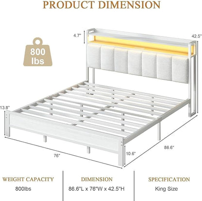 King Bed Frame with LED Lights and Charging Station, Metal Platform Bed Frame King with Upholstered Storage Headboard, Heavy Duty Metal Slats, No Box Spring Needed, Easy Assembly, White