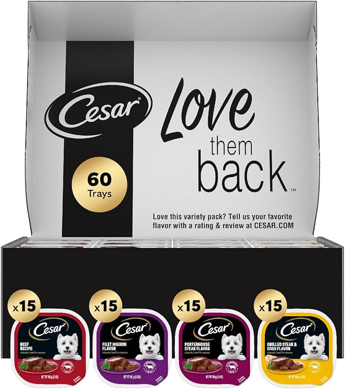 Cesar Wet Dog Food Classic Loaf in Sauce Filet Mignon Flavor, Porterhouse Steak Flavor, Grilled Steak & Eggs Flavor, and Beef Recipe Variety Pack 3.5 oz. Easy Peel Trays (60 Count)