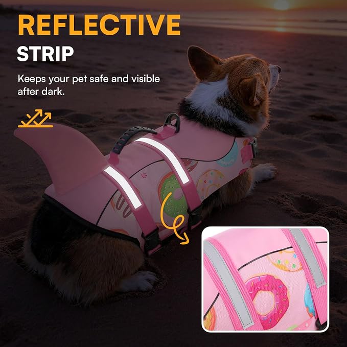 Dog Life Jacket, Dog Life Vest for Swimming, Doggie Shark Swimming Vest with Rescue Handle, Adjustable Reflective Pet Lifesaver Preserver for Small Dogs, Pink Donut S