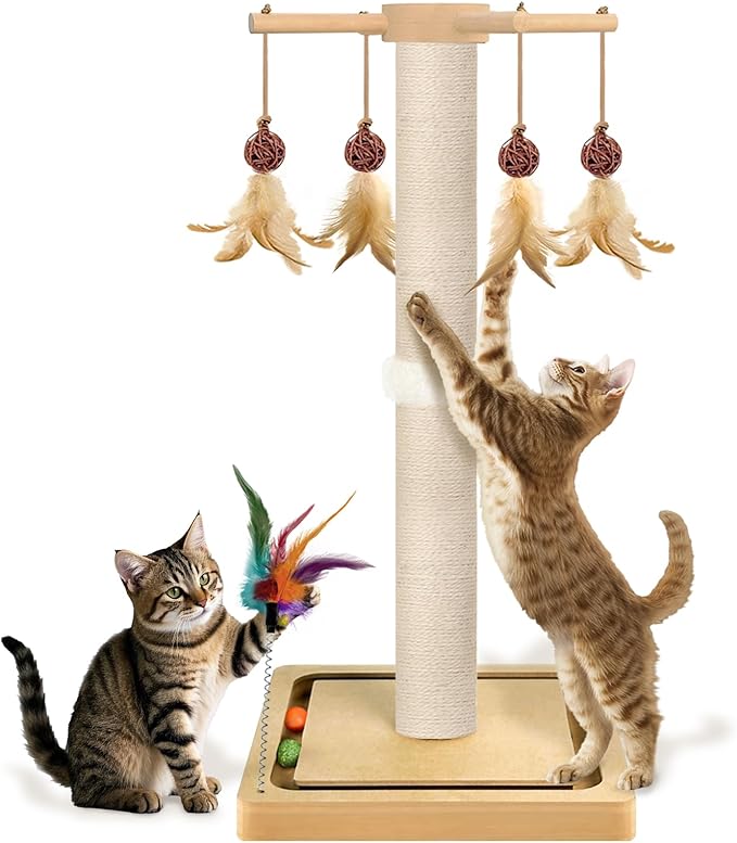 Tall Cat Scratching Post, Sisal, 33 Inches, Large Scratcher Tree Tower for Indoor Cats Adults with Hanging and Ball Track, 2 Mounting Methods Interactive Furniture Toys for All Ages