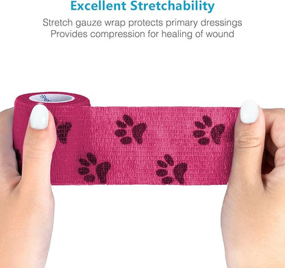 WePet Pet Wrap, Self-Adhesive, Only Sticks to Itself, Non-Woven Tape for Dog Legs, Paws, Wounds, First Aid Cohesive Gauze for Horse, Cat, Bird, Animal, 6 Rolls, 2 Inch, Pawprints B