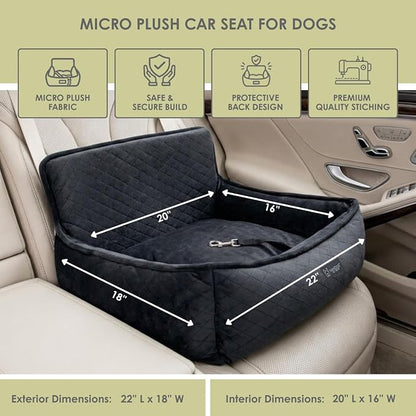 NANDOG Luxury Dog Car Seat Bed for Medium Dogs, Micro Plush Pet Seat with Removable & Washable Cushion Insert, Thick Safety Seatbelt Straps, Secure Travel Carrier, Charcoal Dark Grey, 22" L x 18" W