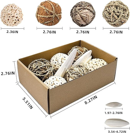 Bird Toys Sola Balls Parakeet Toys Soft Natural Chew Grass Balls with Cuttlebone for Parrots Conures Rabbits Hamster Guinea Pig Chinchilla (Style 1, 10 PCS)