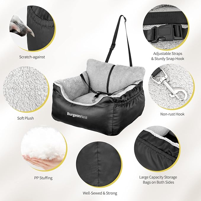 BurgeonNest Dog Car Seat for Small Dogs, Soft Pet Car Travel Home Bed Under 25 lbs, Fully Detachable and Washable Cat Booster Carseats with Storage Pockets and Clip-On Leash Portable Carrier,Black