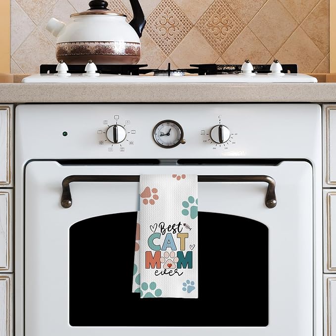 Best Cat Mom Ever Kitchen Towels, Cat Mom Lady Lover Gifts for Women, Cute Kitty Kitten Paw Decorative Dish Tea Hand Towels for Kitchen Bathroom, 16x24 Inches(Style D)
