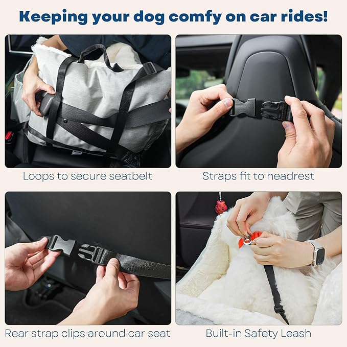 Milk and Soda Small Dog Car Seat Bed for Small Dogs Under 20 LBS with 2-Sided Pillow, Side Pockets, Built-in Leash, Machine Washable Cover (Black, Small)