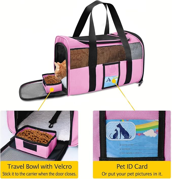 Refrze Pet Carrier Airline Approved, Cat Carriers for Medium Small Cats, Soft Dog Carriers for Dogs, TSA Approved Pet Carrier for Cats Dogs of 15 Lbs, Puppy Carrier,Pink