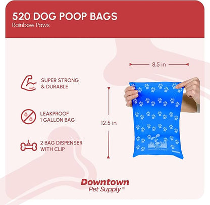 Downtown Pet Supply Rainbow Paw Print Poop Bags (520 CT & 2 Dispensers) - Leak-Proof, Unscented, Clips to Dog Leashes & Harnesses