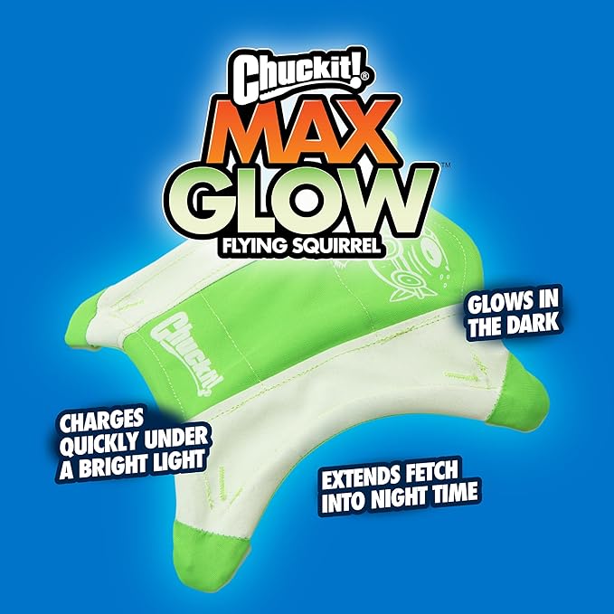 Chuckit! Flying Glow Squirrel Fetch Dog Toy, (10.5 Inch Length), Glow in The Dark Dog Toy, Pack of 1, Size Medium, for All Breeds and Sizes