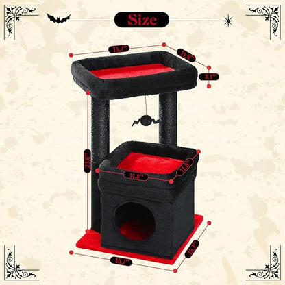 PEQULTI Cat Tree Gothic Cat Tower for Indoor Cats with Private Cozy Cat Condo, Natural Sisal Scratching Posts and Plush Pom-pom for Small Cats Black