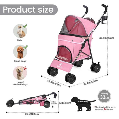 Umbrella Dog Stroller, Foldable Pet Stroller for Small Dogs Cats, 4 Wheels Pet Strolling Cart with Carrying Strap and Cup Holder, Breathable and Visible Mesh, Dog Poop Bags & Dispenser (Pink)