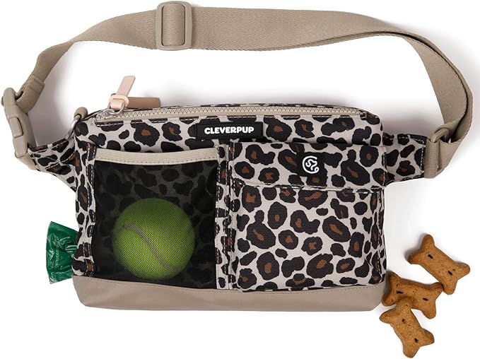 Dog Walk & Train Sling Bag - Hands-Free 2-in-1 Treat Pouch, Poop Bag Holder, Clicker, Phone Pocket - Crossbody/Fanny Pack, Adjustable Strap - Leopard