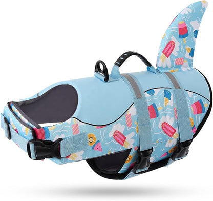 Shark Dog Life Vest - High Buoyant Jacket, Ripstop Flotation Swimsuit for Small, Medium, Large Dogs (Blue Ice Cream, L)
