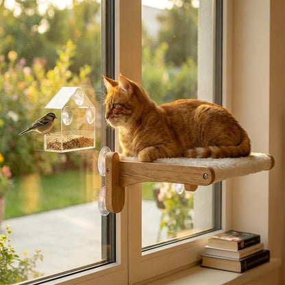 Cat Window Perch with Bird Feeder – Upgraded Bird Watching Solution for Indoor Cats, Foldable Cat Hammock Seat with Strong Suction Cups, Relieves Boredom & Stimulates Natural Instincts