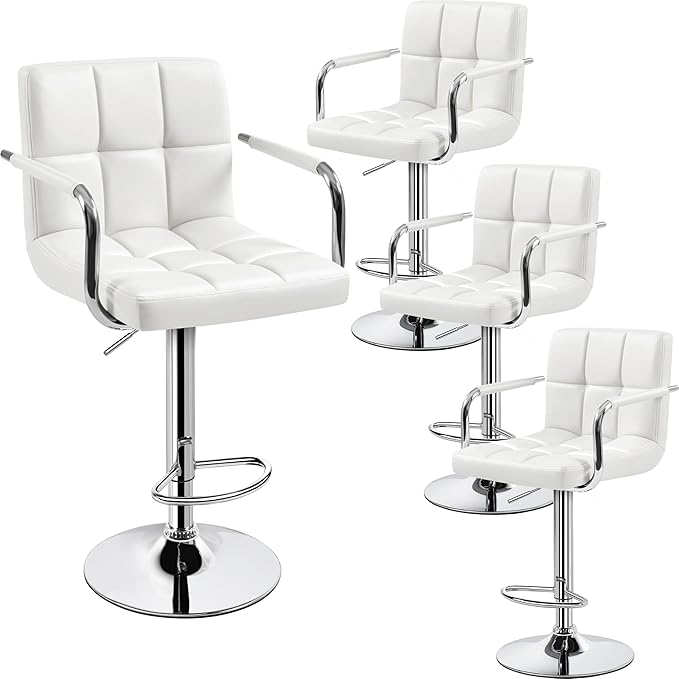 Yaheetech Bart Stools Set of 4, PU Leather Adjustable Barstools with Armrest, Counter Height Stool Chairs with Thickened Seat Cushion for Kitchen Island, White