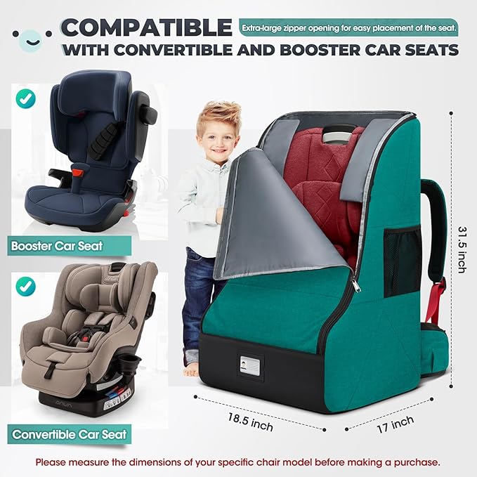 RAINSMORE Padded Car Seat Travel Bag for Airplane Heavy Duty Car Seat Backpack for Air Travel Baby Carseat Cover Bags for Airport Large Car Seats Carrier Fits Car Seats & Booster Seats, Green