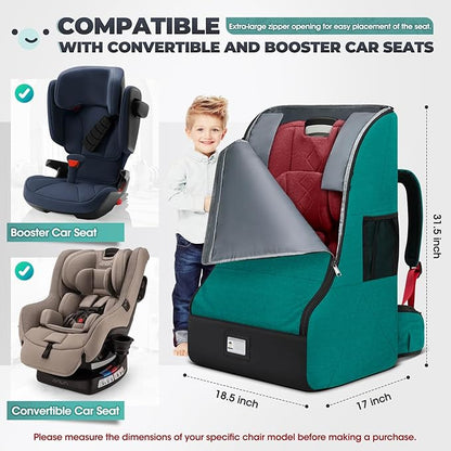 RAINSMORE Padded Car Seat Travel Bag for Airplane Heavy Duty Car Seat Backpack for Air Travel Baby Carseat Cover Bags for Airport Large Car Seats Carrier Fits Car Seats & Booster Seats, Green