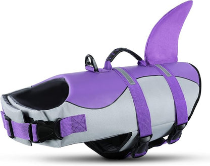 Dog Life Jacket with Rescue Handle - Adjustable Reflective Dog Shark Life Vest for Large Dogs, Purple