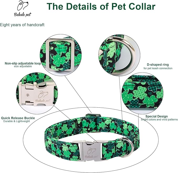 St. Patrick's Day Dog Collar, Lucky Clover Dog Collars, Adjustable Heavy Duty Irish Festive Pet Collar for Small Medium Large Dogs with Metal Buckle XL