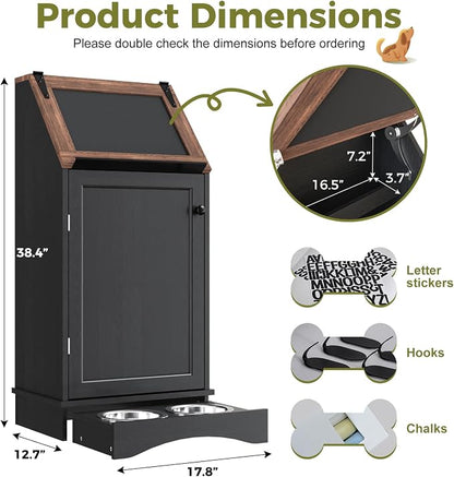 Black 38.4" H Dog Feeding Station with Storage | Pet Food Storage Cabinet with 2 Elevated Bowls,Hooks,Hidden Dog Feeding Organizer for Cats and Dogs