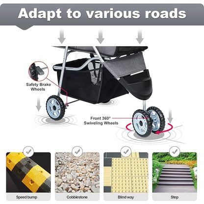 BestPet Pet Stroller Dog Cat Jogger Stroller for Medium Small Dogs Cats Folding Lightweight Travel Stroller with Cup Holder (Grey, 3 Wheels)