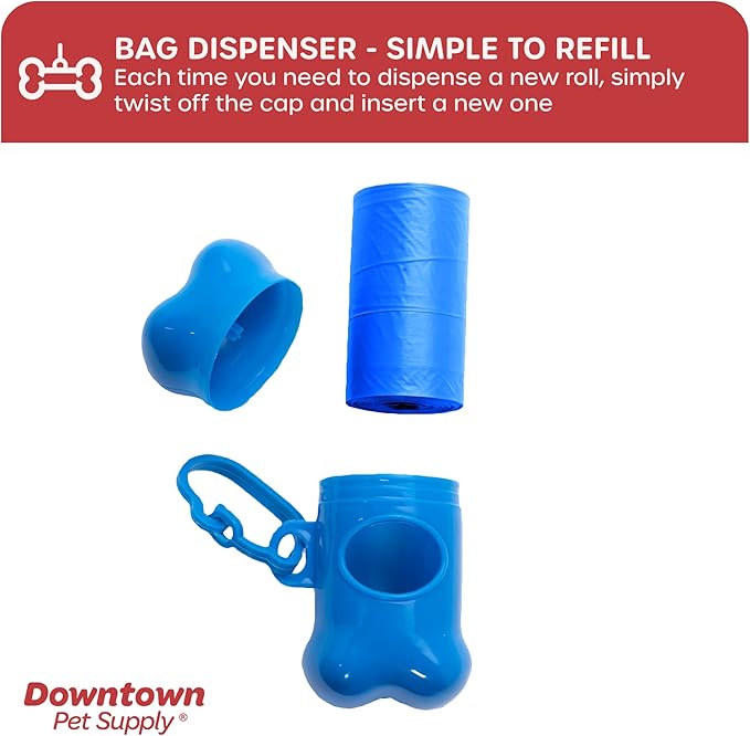 Downtown Pet Supply Poop Bags for Dogs with Dispenser, 180 Count - Leak-Proof Dog Waste Bags and Bone-Shaped Dog Poop Bags Holder for Leash - Blue, 12.5" x 8.5"