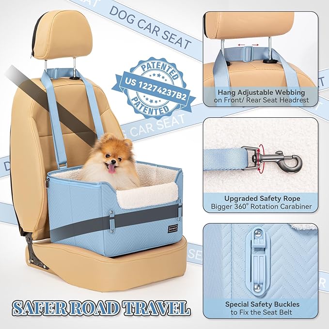 PETSFIT Dog Car Seat Medium Sized Dog, Stable Small Dog Car Seat for Car with Clip-On Leash, Fleece Liner Suitable for Small Pets Up to 25lbs (Blue)