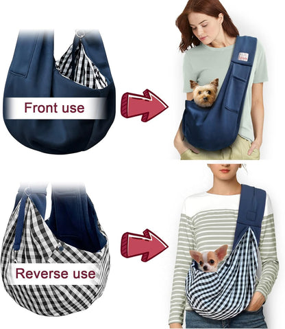 Pet Dog Sling Carrier for 3-10 lbs pet,Dog Purse Pouch,Dog Satchel,Reversible unadjustable Strap Travel Hand-Free Safe Bag Small Puppy Backpack (Dark Blue)